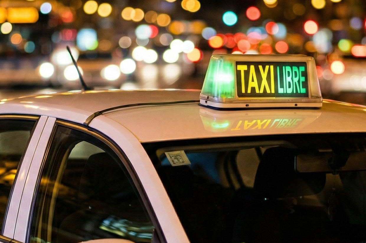 Un taxi blanco, modelo sedán, circulando de noche por una calle urbana iluminada. El vehículo presenta la librea oficial de los taxis de Madrid: una franja diagonal roja en la puerta delantera junto al escudo de la ciudad. En el techo destaca el indicador luminoso con la palabra "LIBRE" en verde, que se refleja sobre el capó del coche. El fondo muestra un efecto bokeh con luces amarillas y blancas de farolas y otros vehículos.